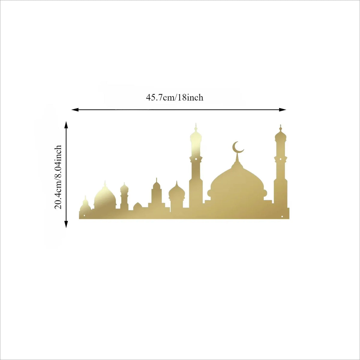 Gold metal wall art featuring a silhouette of Islamic architecture including domes and minarets.