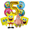 A set of nine foil balloons featuring characters from SpongeBob SquarePants including the number five and various characters.