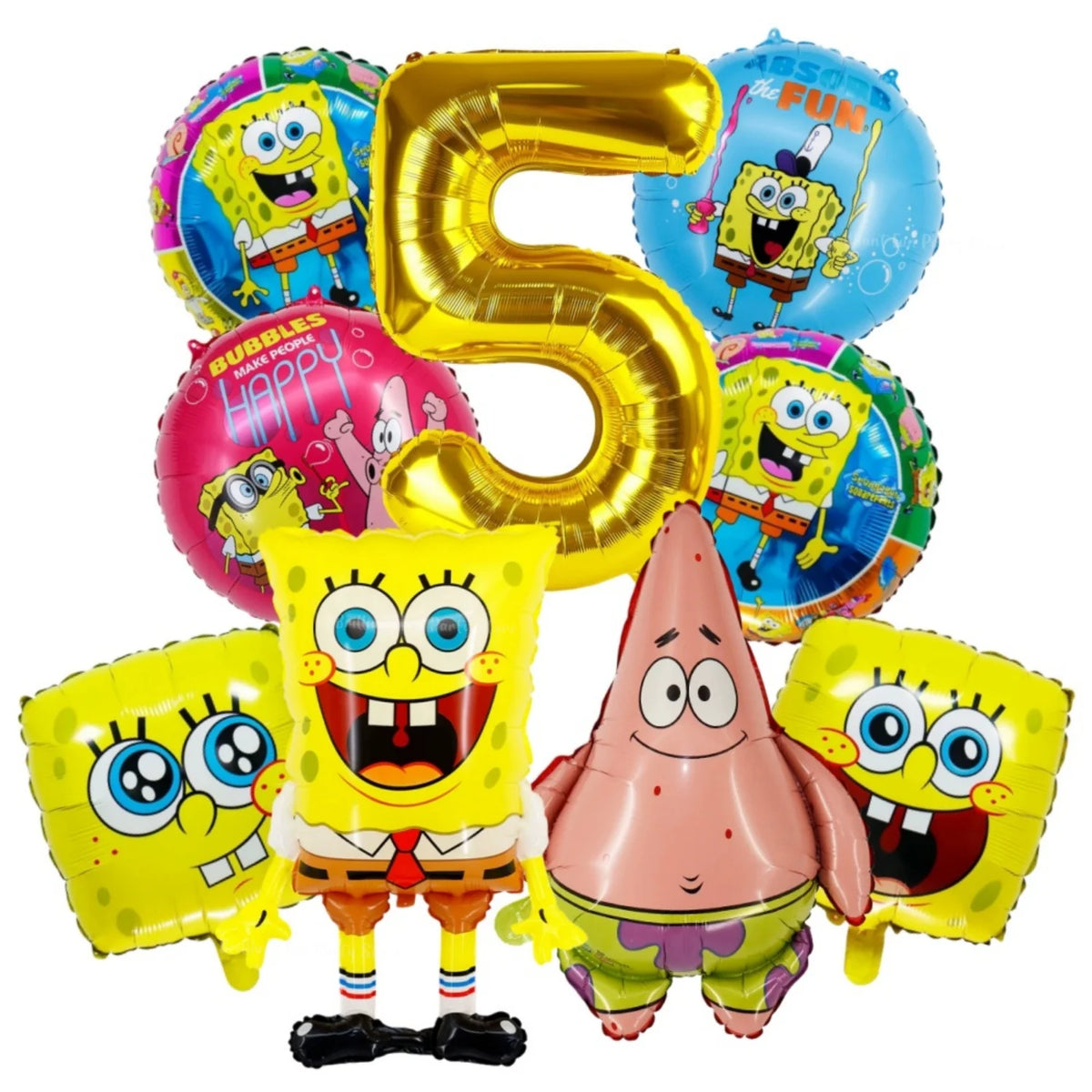 A set of nine foil balloons featuring characters from SpongeBob SquarePants including the number five and various characters.