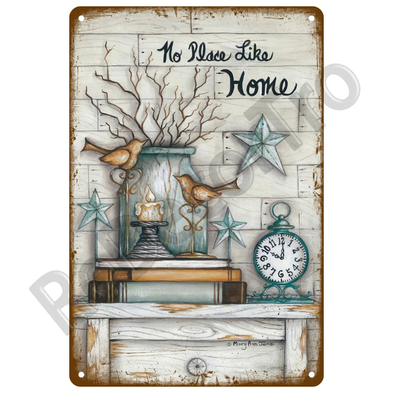 A vintage metal tin sign depicting a rustic scene with bare branches, a candle, a bird, and a star on a wooden surface.