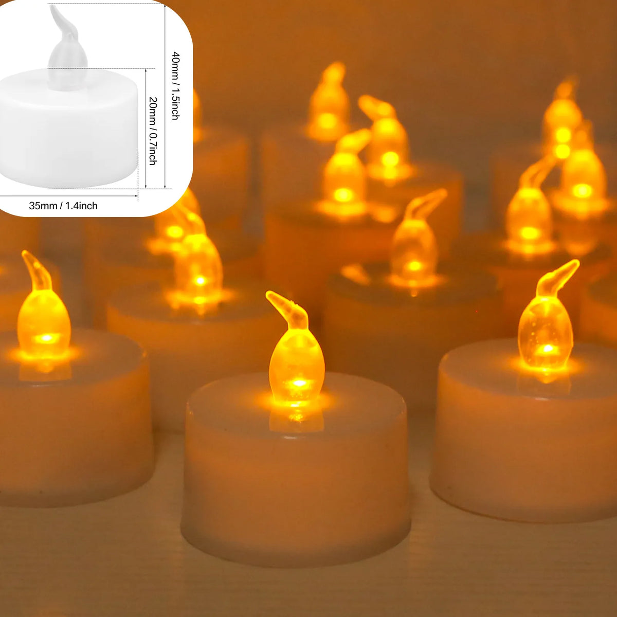 A set of warm white LED tealight candles with a flame-like topper displayed on a wooden surface.