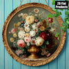 Round vintage floral wall art featuring a bouquet of roses and flowers in a gold frame.