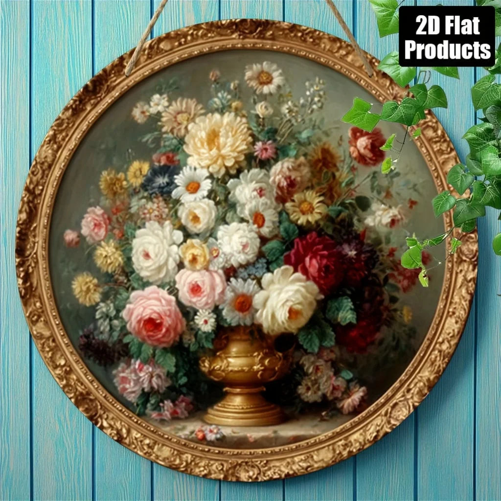 Round vintage floral wall art featuring a bouquet of roses and flowers in a gold frame.