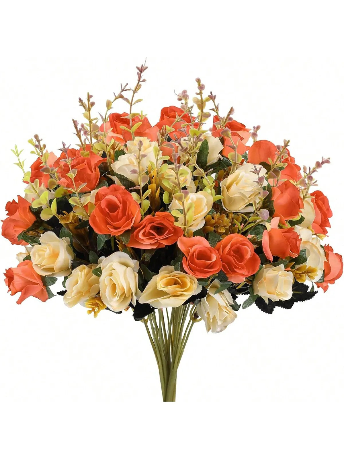 A bouquet of realistic silk rose flowers in shades of orange, peach, and cream.