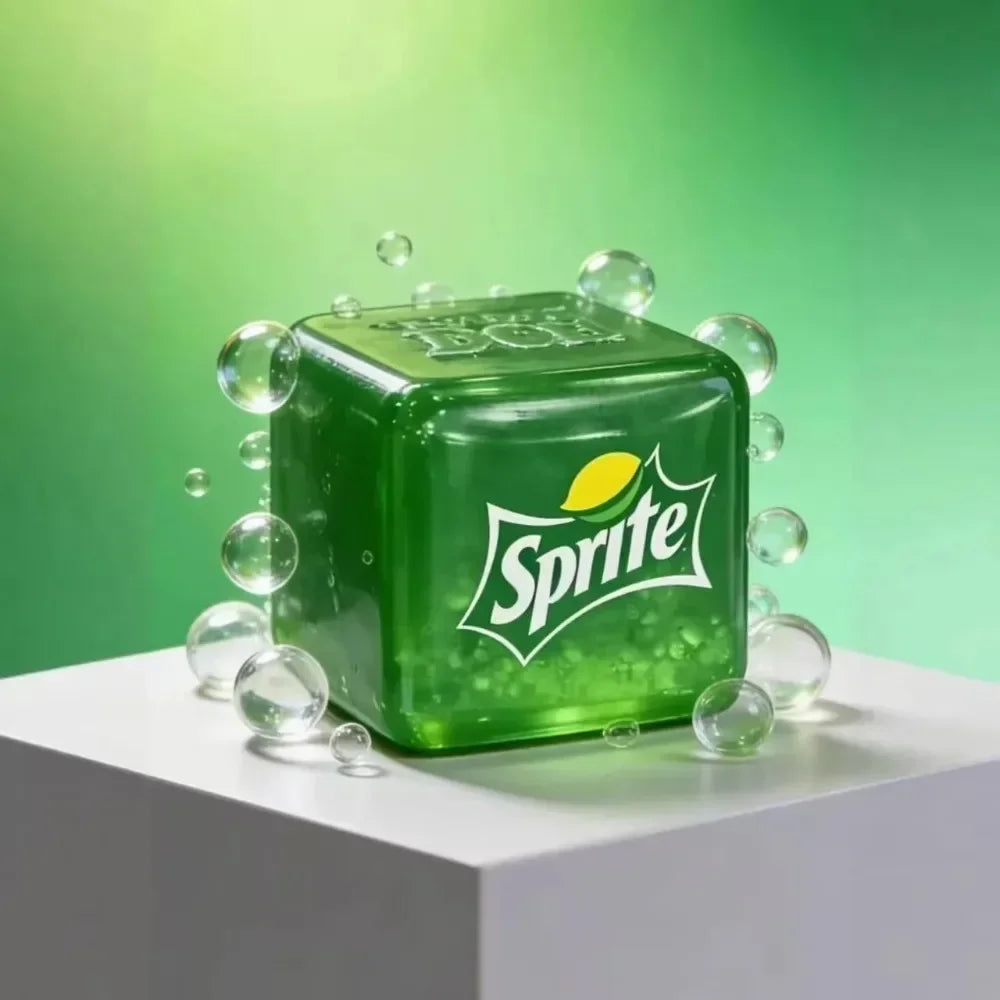 A green Sprite squishy toy is shown with surrounding soap bubbles on a white surface.