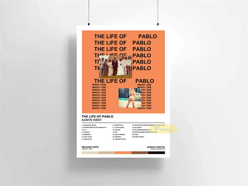 Arte de álbum en lienzo para pared, con texto sobre la vida y canciones de Pablo