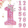 Pink sequin birthday number candle with a crown topper, showing numbers 1 through 9.
