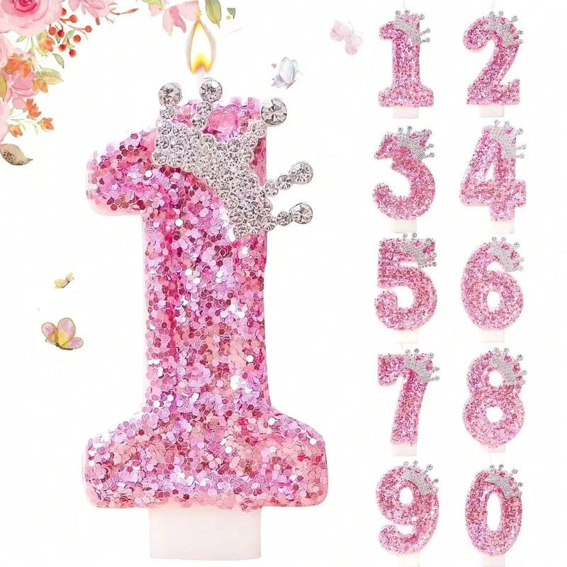 Pink sequin birthday number candle with a crown topper, showing numbers 1 through 9.