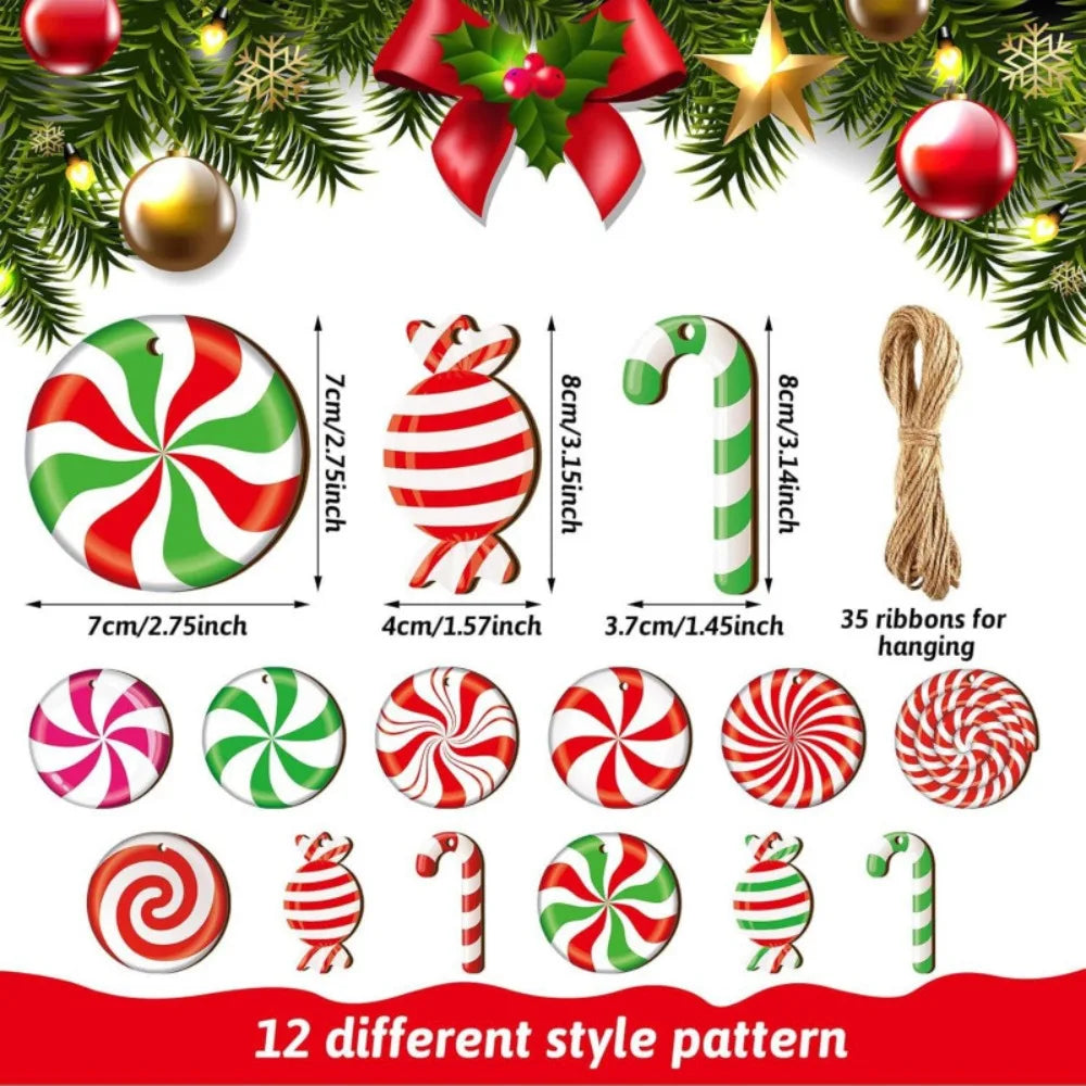 A collection of 12 different style peppermint candy Christmas ornaments and hanging decorations.