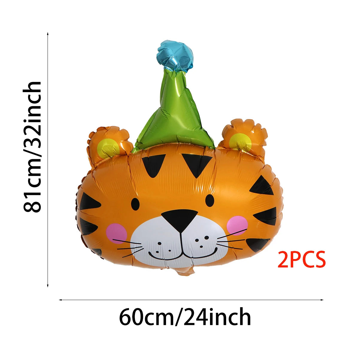 Two orange and green foil balloons shaped like a tiger head for parties