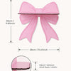 Pink cherry-shaped wooden wall shelf with a bow detail, shown in various dimensions.