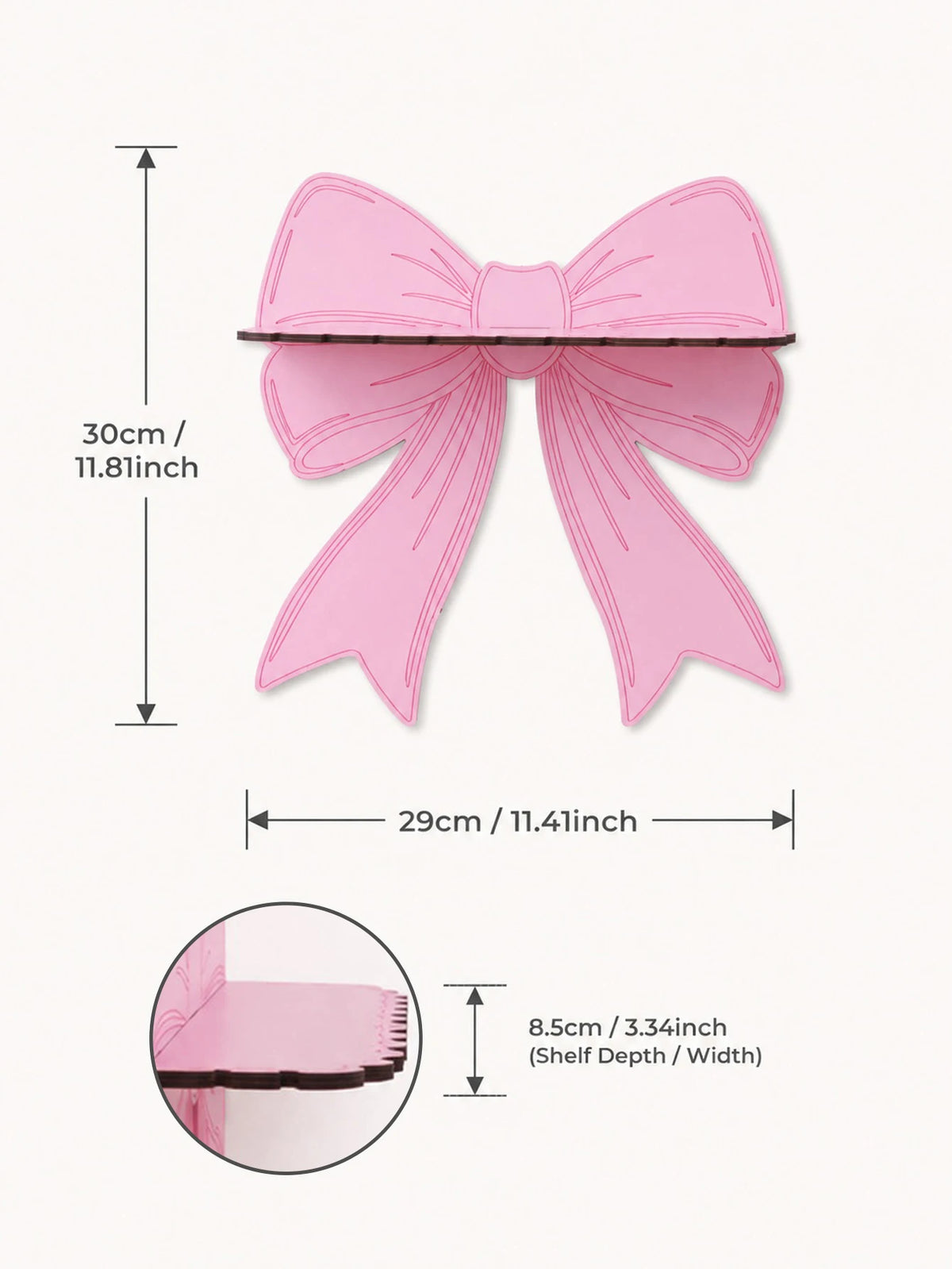 Pink cherry-shaped wooden wall shelf with a bow detail, shown in various dimensions.