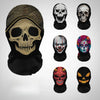 A collection of five black Halloween skeleton face masks with varying styles and colors displayed against a light gray backgr