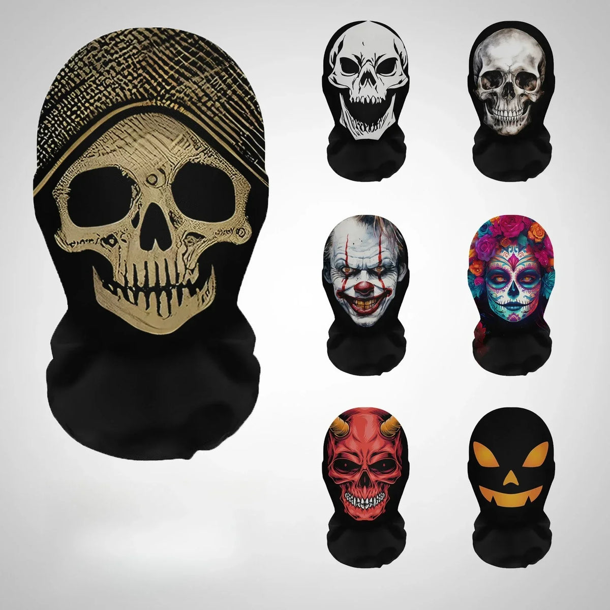 A collection of five black Halloween skeleton face masks with varying styles and colors displayed against a light gray backgr