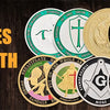 Various series of coins worth to collect including gold-plated CIA challenge coins.