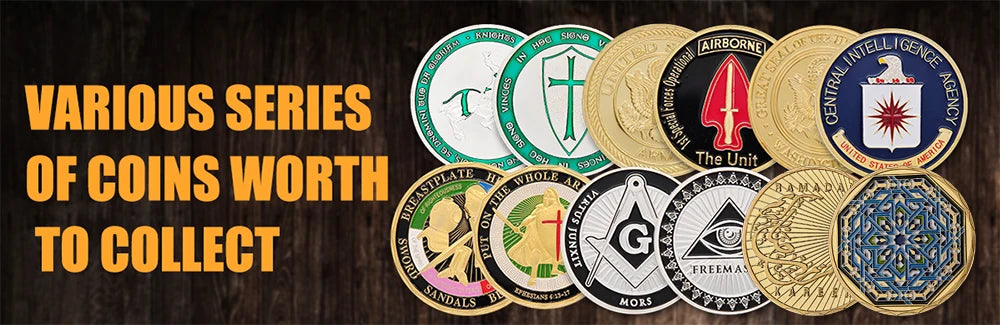 Various series of coins worth to collect including gold-plated CIA challenge coins.