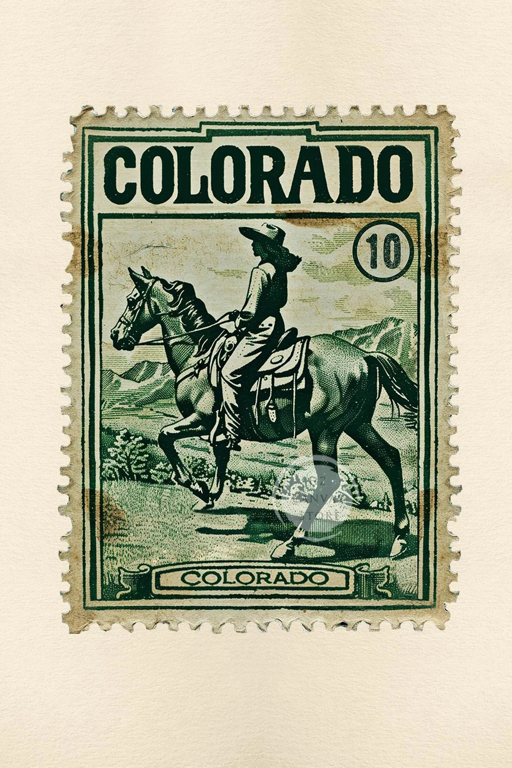 A vintage postage stamp featuring a depiction of a cowboy riding a horse in a western landscape.