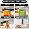 A set of multifunctional bottle openers shown opening cans, bottles, and jars.