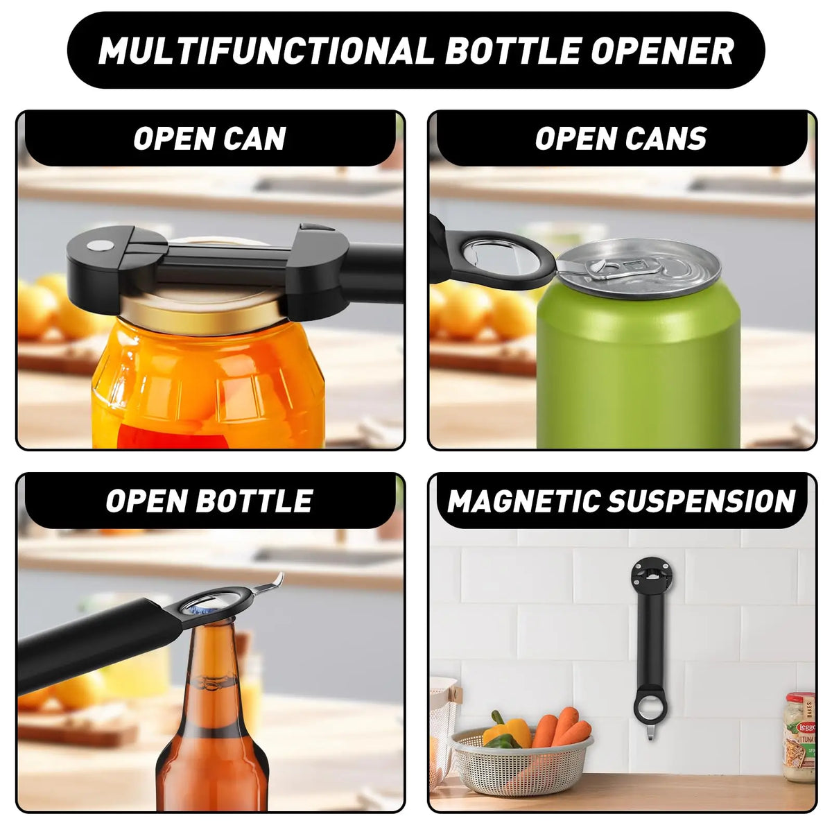 A set of multifunctional bottle openers shown opening cans, bottles, and jars.