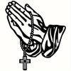 A stylized hand with fingers clasped in prayer, adorned with a chain, forming a cross shape.