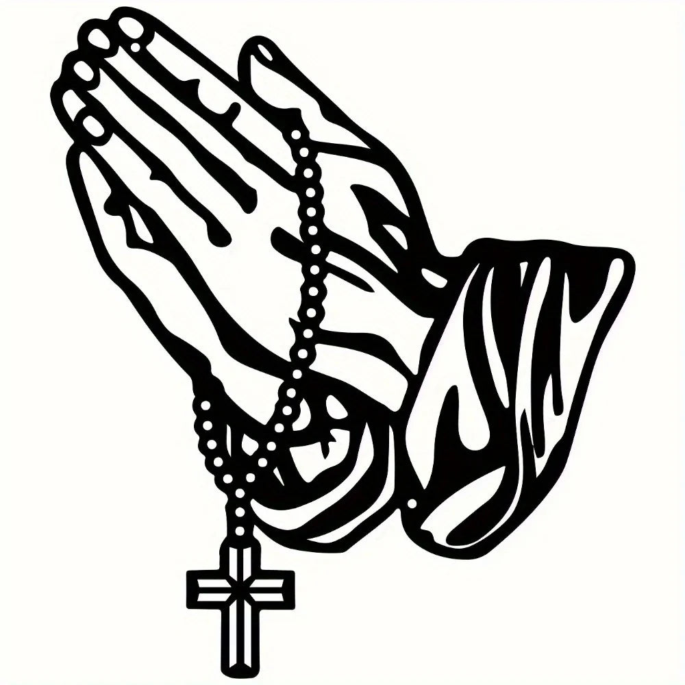 A stylized hand with fingers clasped in prayer, adorned with a chain, forming a cross shape.