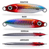 Three views of a red and silver metal jig fishing lure, showing the positive side, back, dorsum, and abdomen.