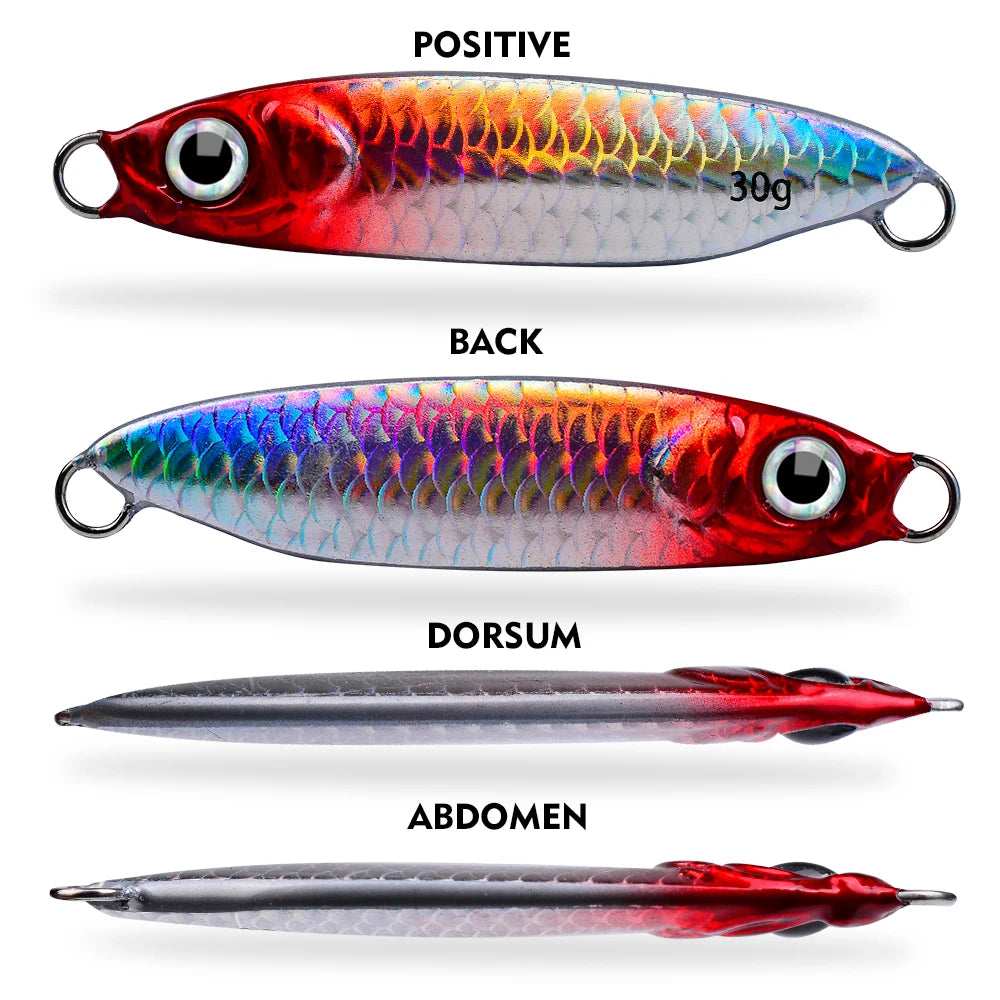 Three views of a red and silver metal jig fishing lure, showing the positive side, back, dorsum, and abdomen.
