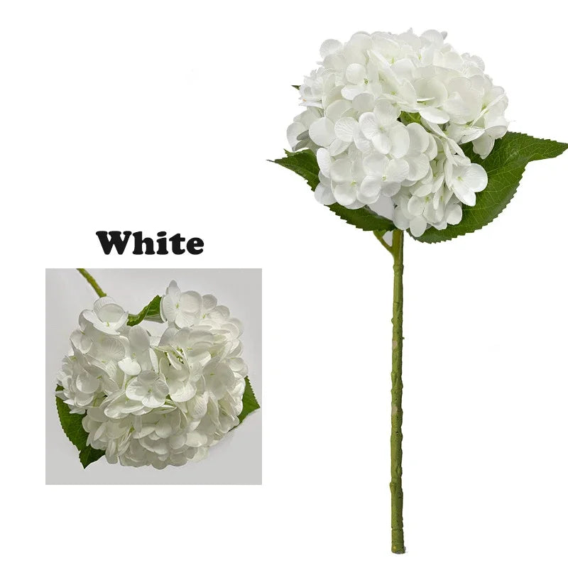 White realistic latex hydrangea artificial flowers on a green stem and leaf