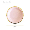 A pink disposable party tableware set with a gold rim and 8 pieces, showing the size of 10cm.