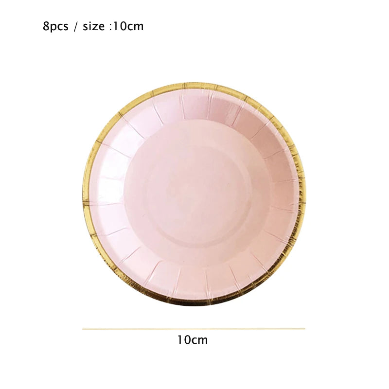A pink disposable party tableware set with a gold rim and 8 pieces, showing the size of 10cm.