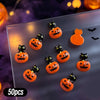 A variety pack of 50 orange and black Halloween-themed resin nail charms featuring carved jack-o'-lanterns and cats.