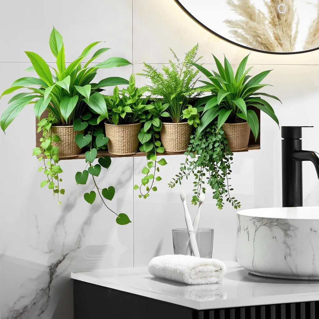 A display of various green potted plants hanging on a wooden wall shelf in a modern bathroom setting.
