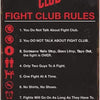 A dark metal plaque with red text listing eight rules for a fight club.