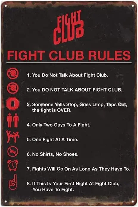 A dark metal plaque with red text listing eight rules for a fight club.