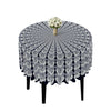 A round tablecloth featuring a blue and white bohemian peacock mandala pattern with a white floral centerpiece.