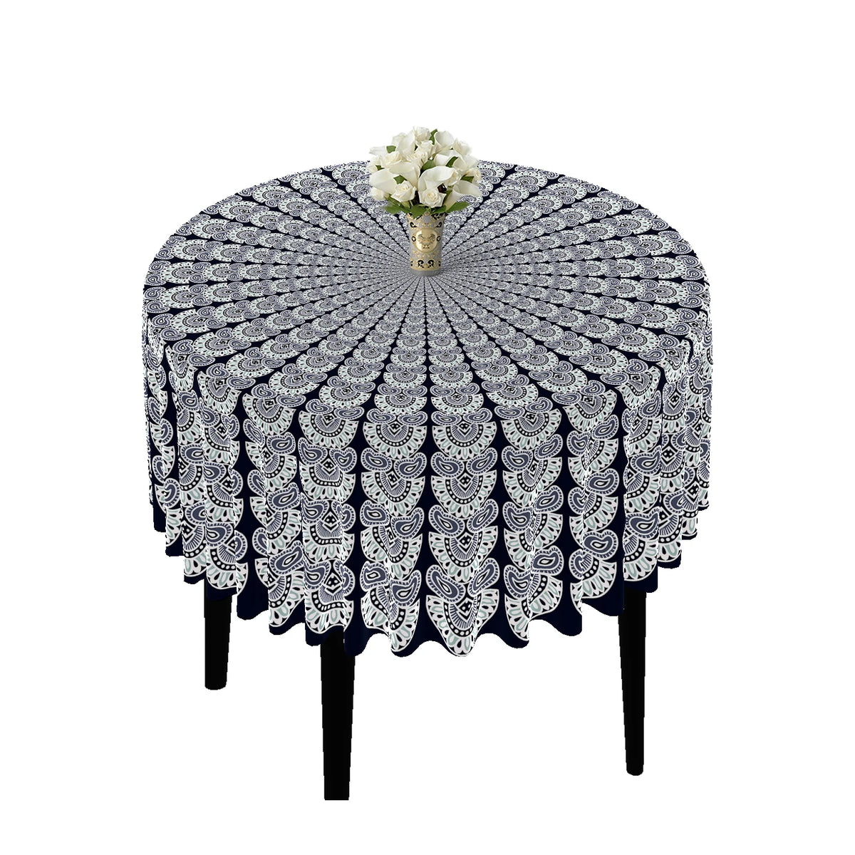 A round tablecloth featuring a blue and white bohemian peacock mandala pattern with a white floral centerpiece.