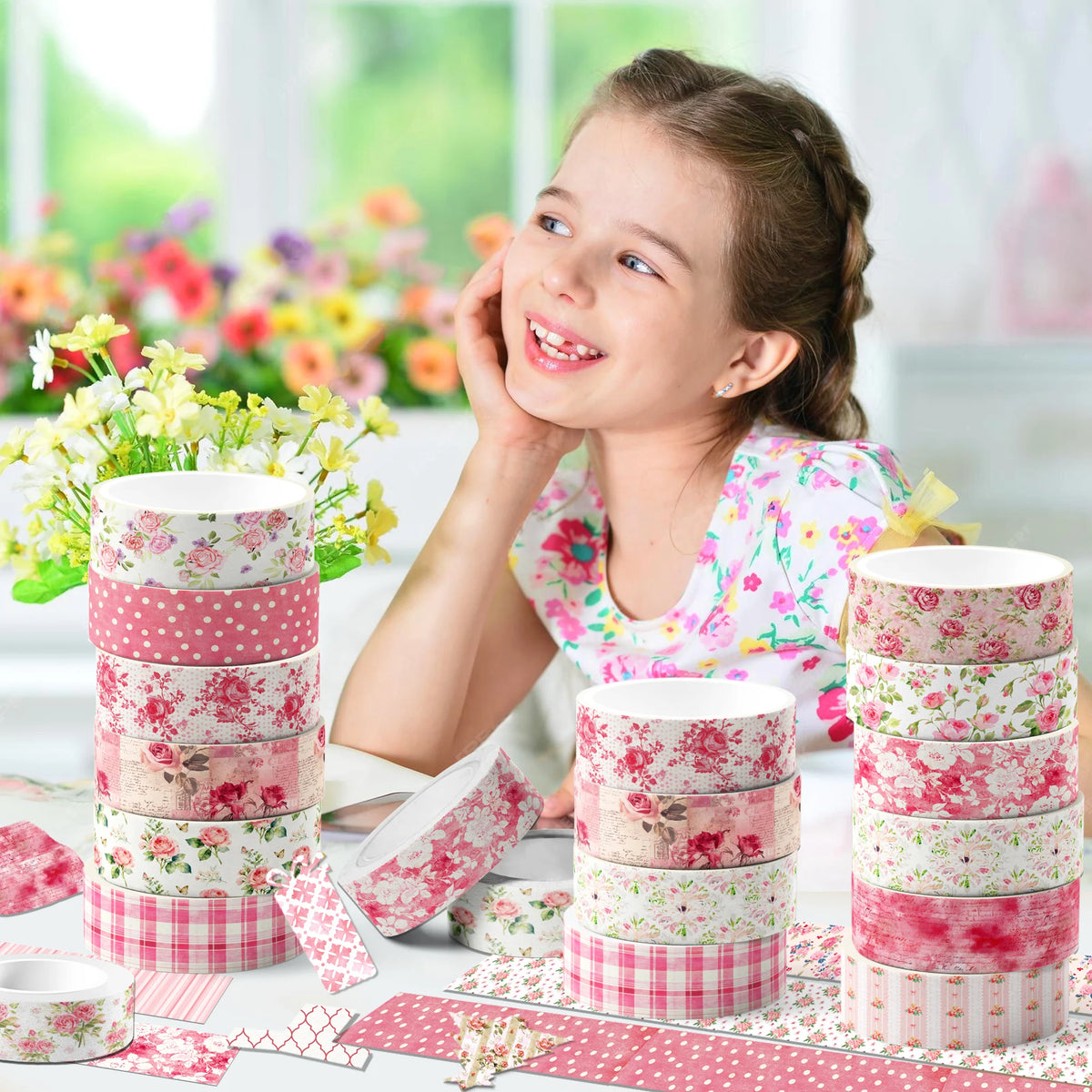 A young girl is looking at a collection of pink and green floral patterned washi tape rolls on a table.