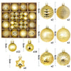 A collection of gold and bronze Christmas ball ornaments in various sizes and finishes, including a tray display and individu