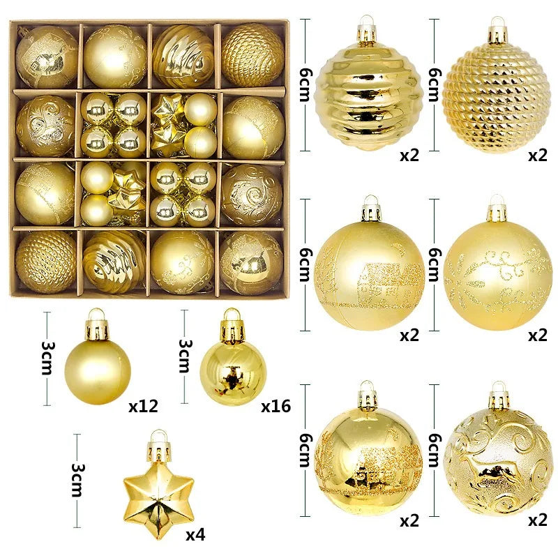 A collection of gold and bronze Christmas ball ornaments in various sizes and finishes, including a tray display and individu