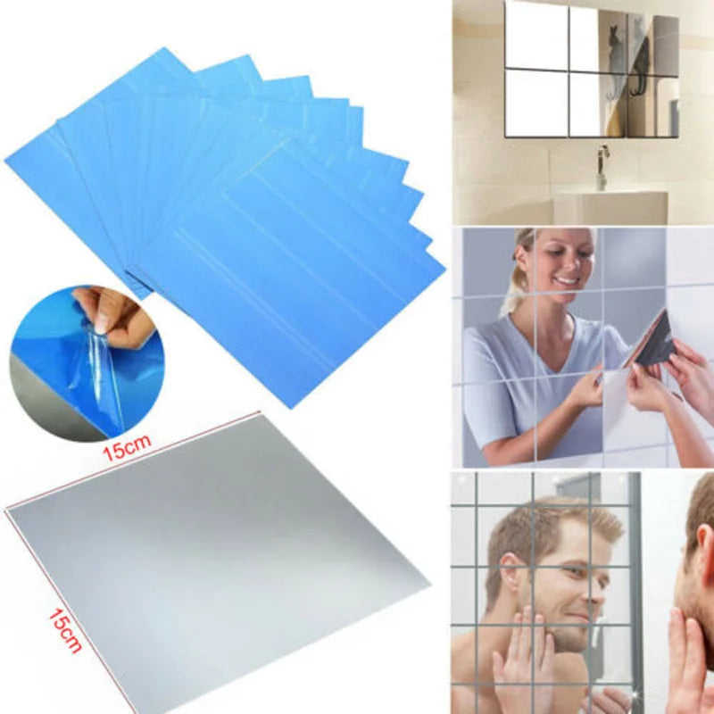 A set of blue acrylic mirror mosaic tiles and a square white tile are shown with close-ups.
