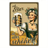 Vintage beer sign featuring a smiling woman holding a beer mug with text that translates to 'with beer is the most beautiful.