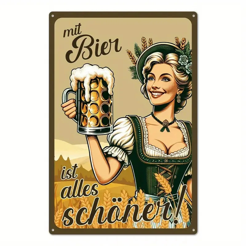 Vintage beer sign featuring a smiling woman holding a beer mug with text that translates to 'with beer is the most beautiful.