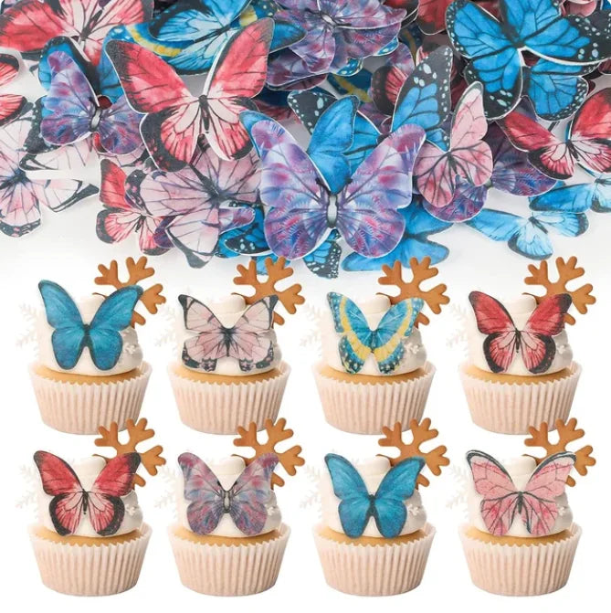 A collection of pink butterfly cupcake toppers in various shades and designs.