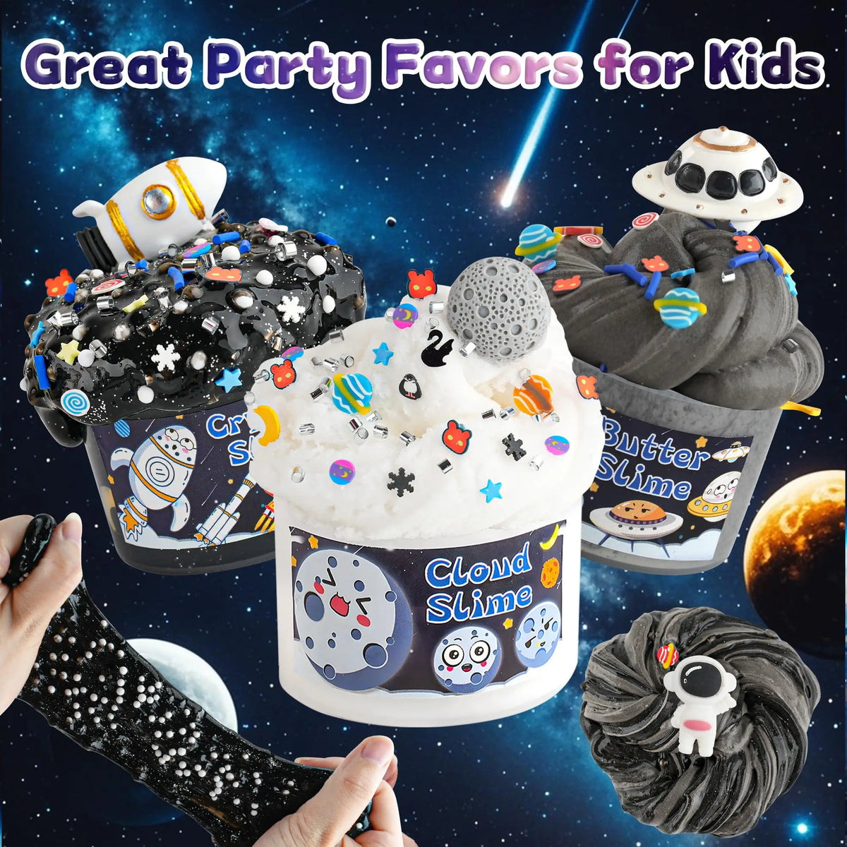 Collection de petits cadeaux pour fêtes pour enfants, incluant décorations de gâteau d'astronaute et slime au beurre dans div