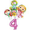 A set of cartoon Cocomelon watermelon foil balloons featuring various characters and a large number four balloon.