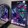 A dark, stylized poster featuring characters and elements from Deltarune in vibrant purple and green hues.