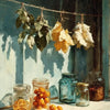 A still life painting featuring dried leaves and citrus fruit displayed on a white surface.
