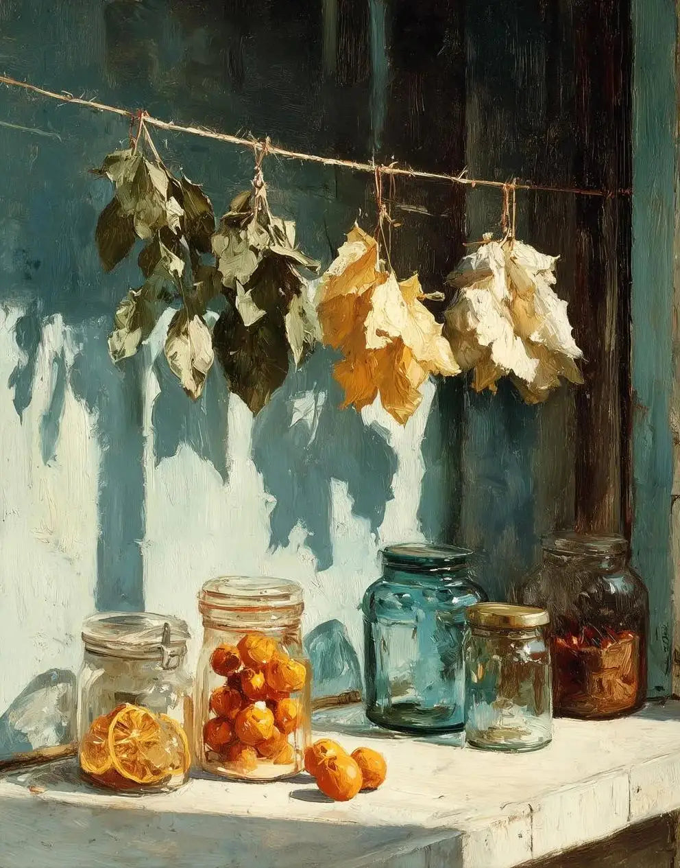 A still life painting featuring dried leaves and citrus fruit displayed on a white surface.