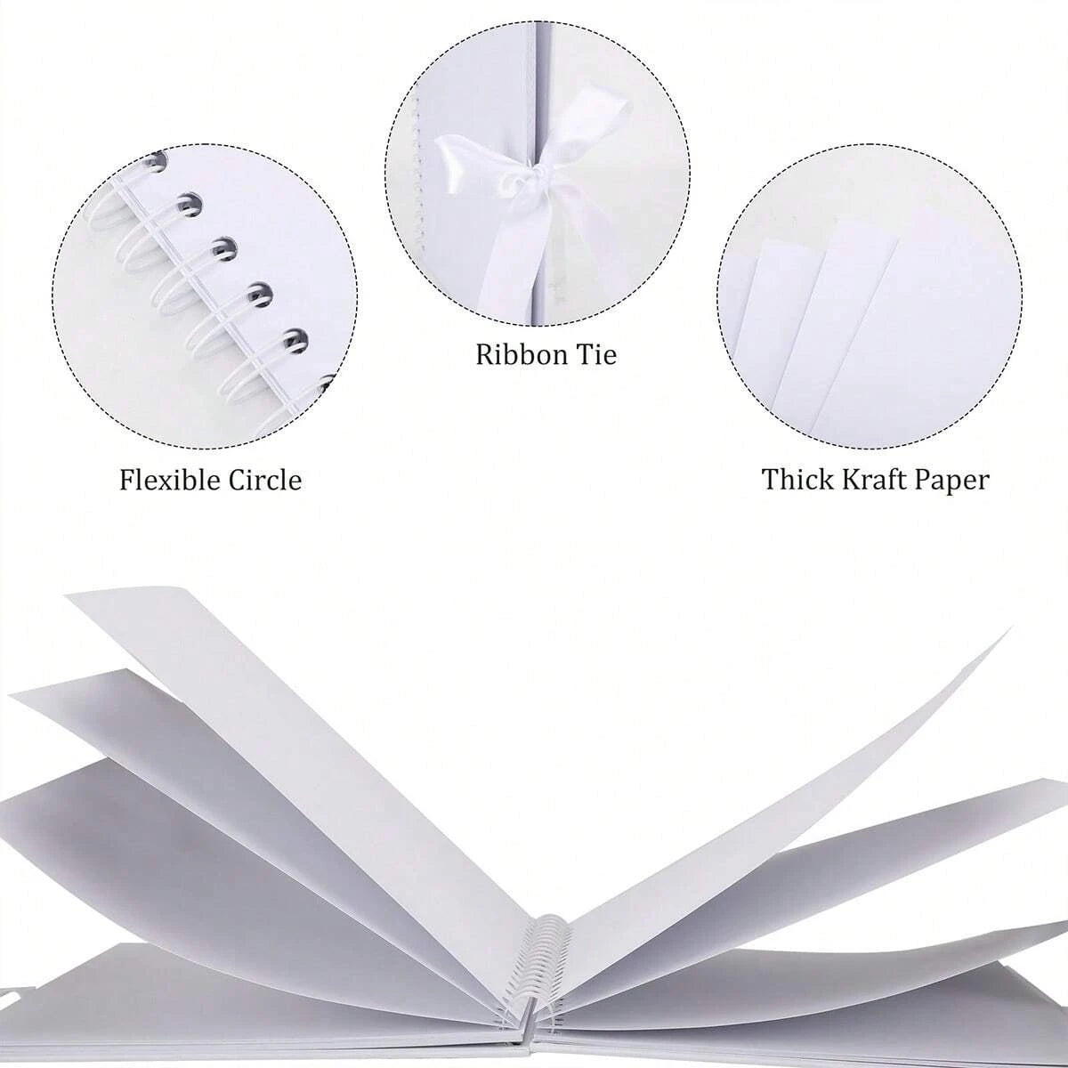 Álbum de fotos DIY blanco con páginas dobladas y cinta, junto a componentes como círculo flexible y grueso