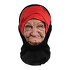 A realistic 3D printed horror balaclava mask covering an elderly woman's face with a red cloth hood.